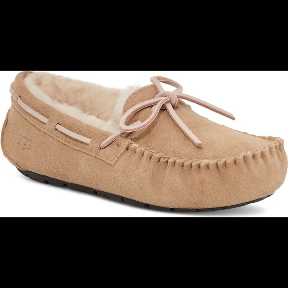 UGG Dakota Tobacco Suede Tan Moccasin Slippers with Pink Laces